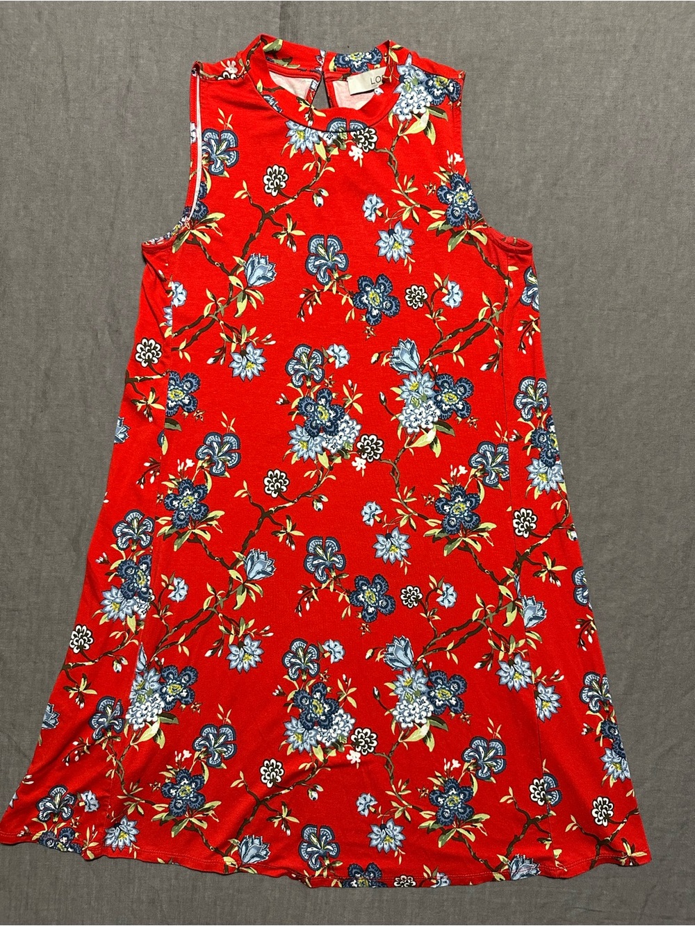 LOFT Red Dress with Blue and White Floral Pattern